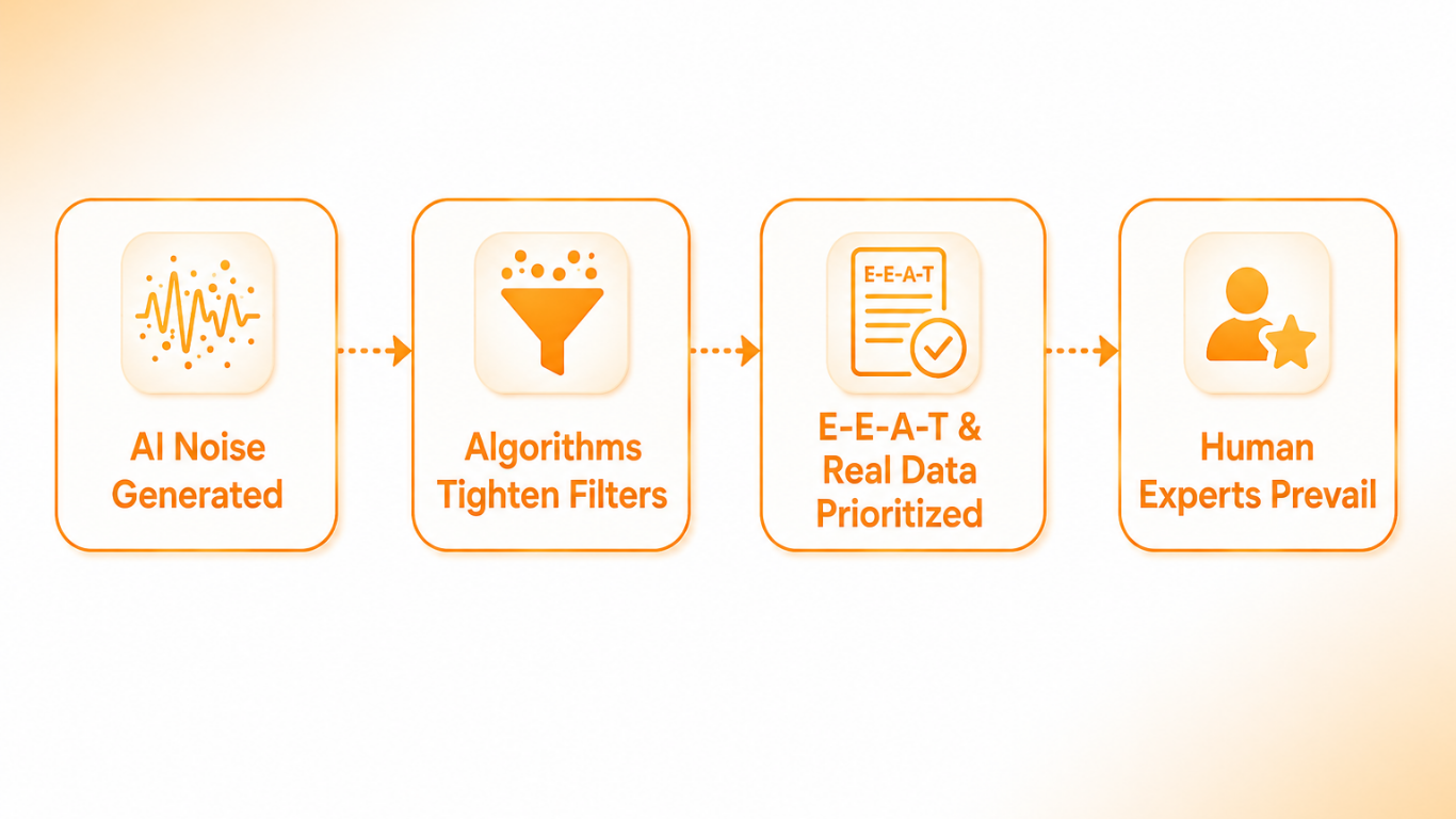 [Mass AI Noise Generated] ───> [Algorithms Tighten Filters] ───> [E-E-A-T & Real Data Prioritized] ───> [Human Experts Prevail] - Content Writing